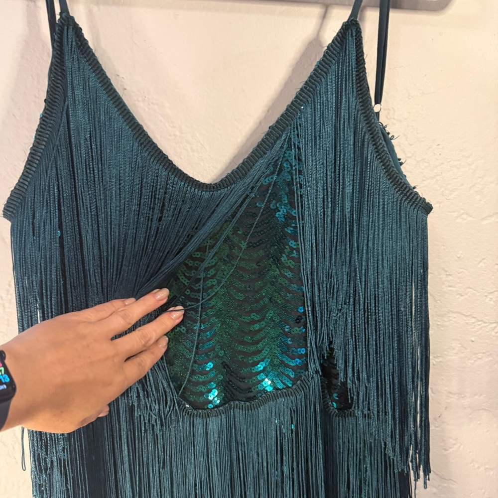 Lulu's Get in the Groove Emerald Green Sequin Fringe Bodycon Dress Size Medium - Picture 7 of 11